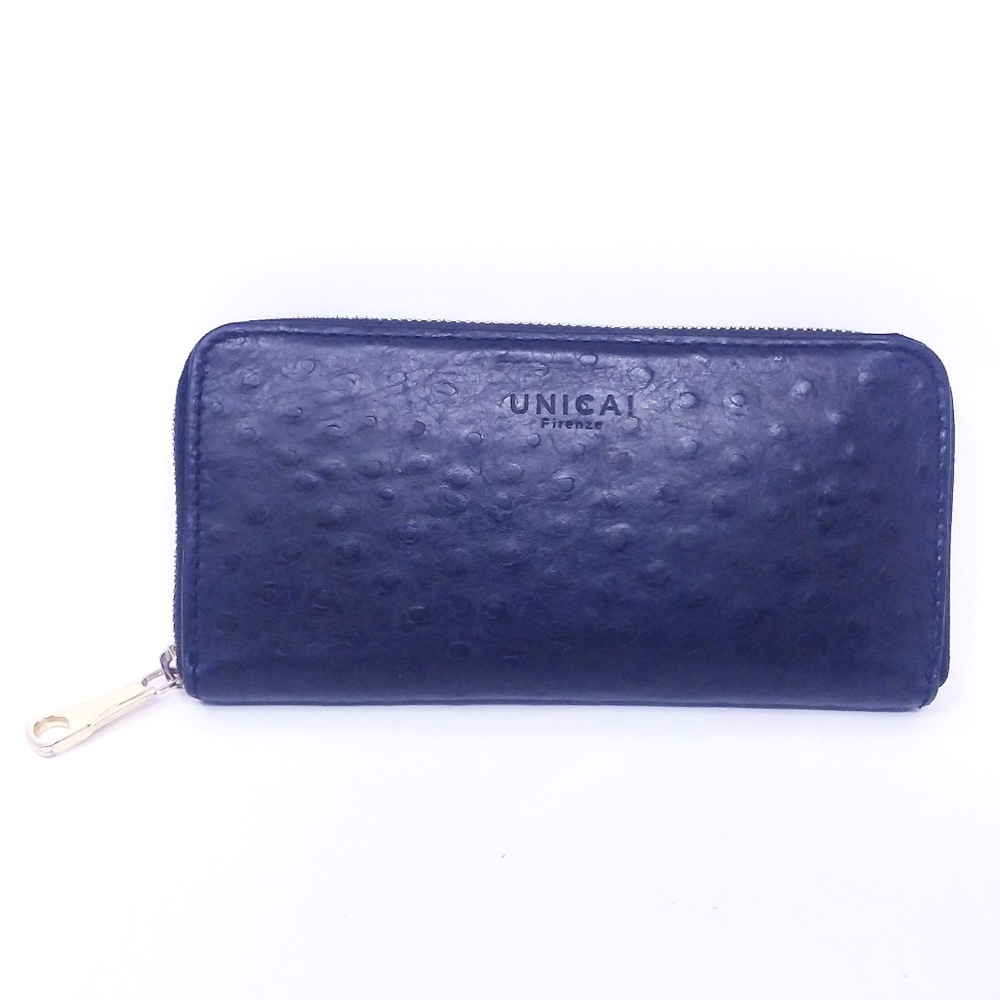 Black Italian Leather Ostrich Skin Embossed Zip Around Wallet